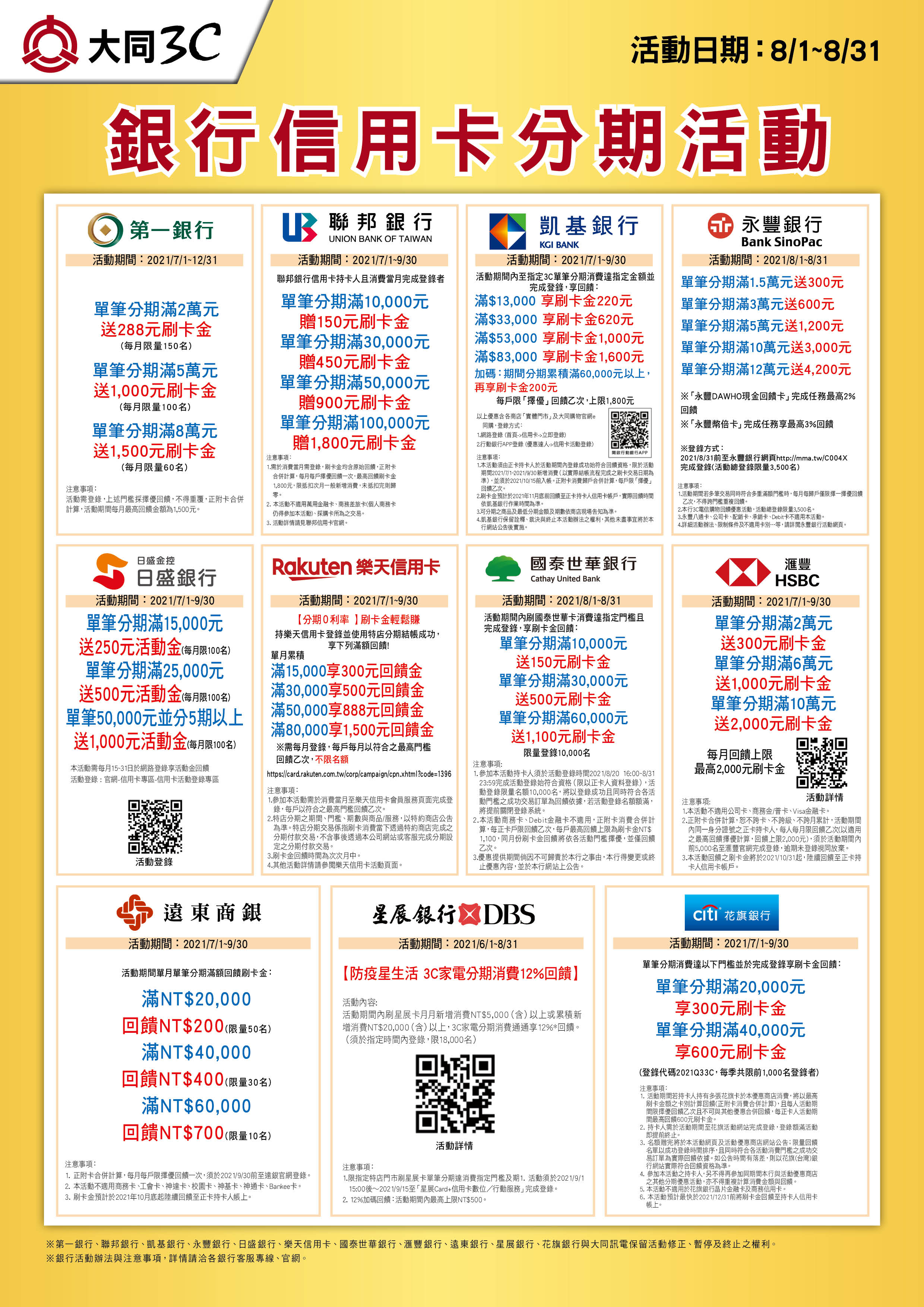 大同3c門市八月銀行分期活動